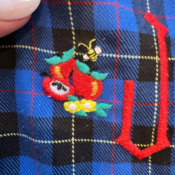 Vintage Fast Friends “J” Monogram Embroidered Bee and Apples Blue Plaid Overalls - Picture 4 of 8